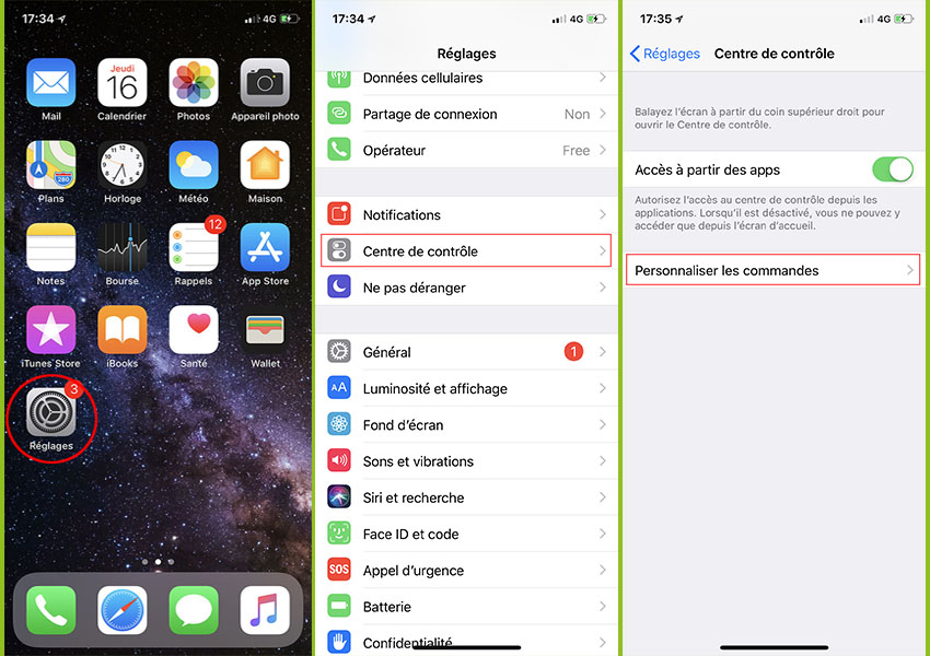 Accéder centre de contrôle iPhone