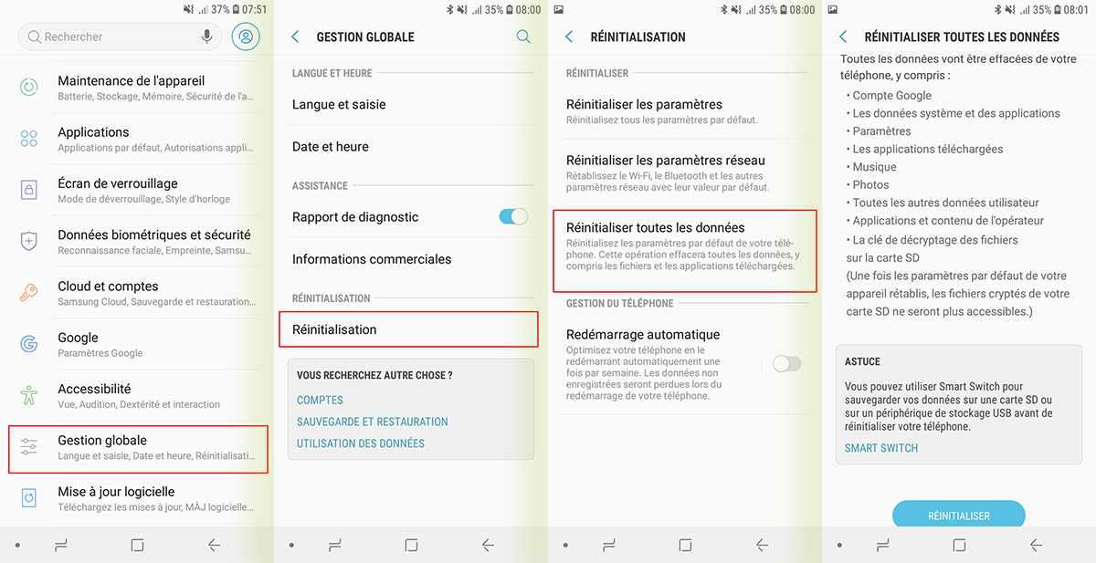 réinitialisation données android