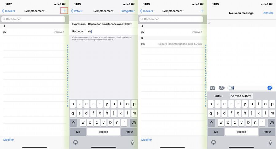 ajouter raccourcis clavier iPhone