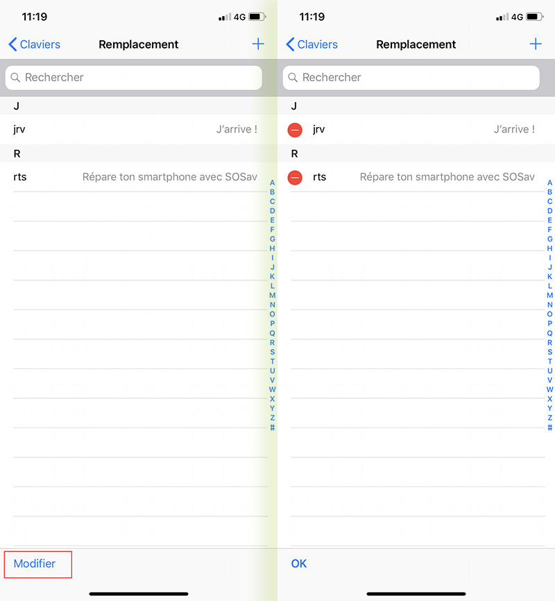 supprimer raccourcis clavier iphone