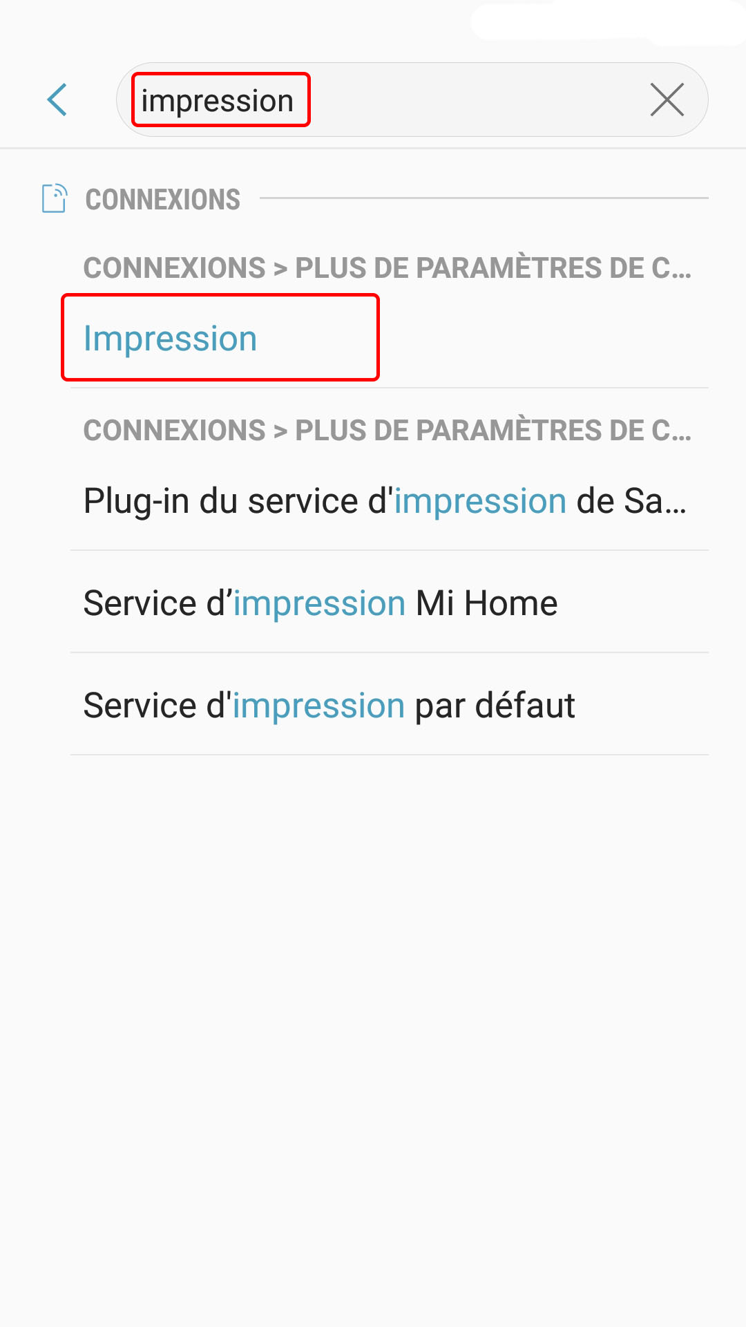 recherche impression dans paramètres android