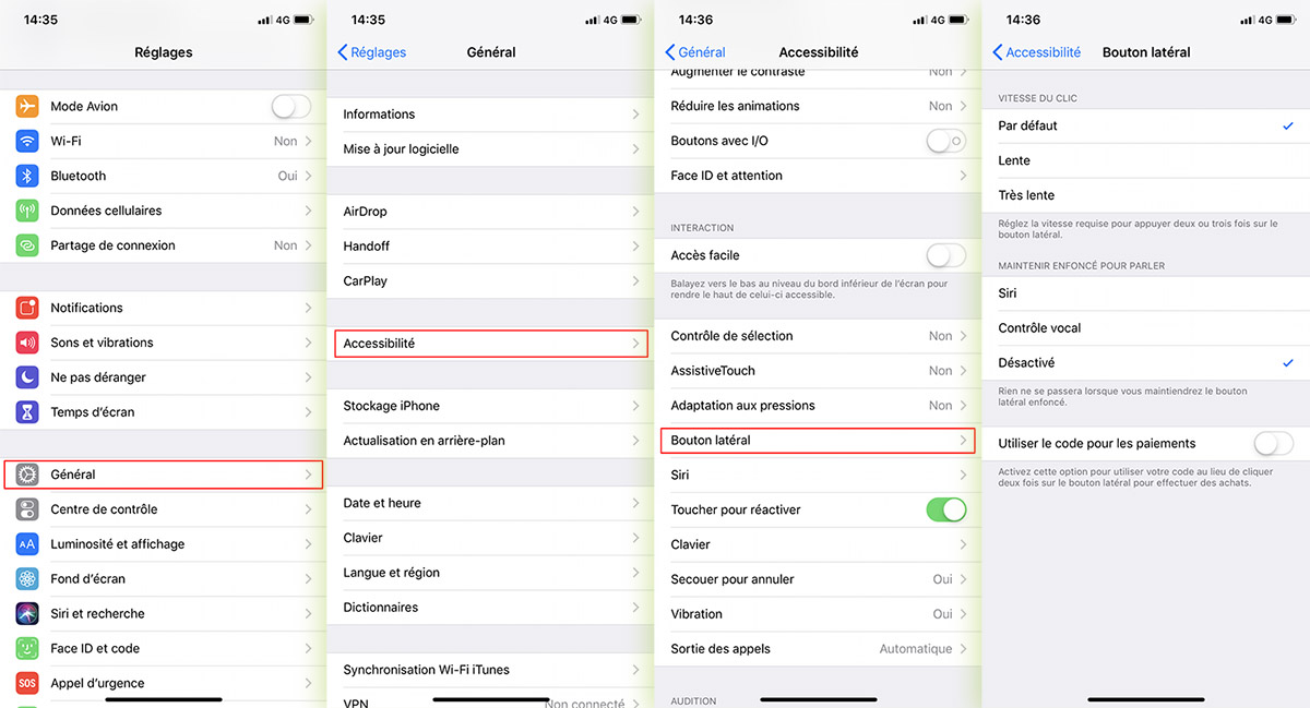 réglage bouton latéral sur iOS