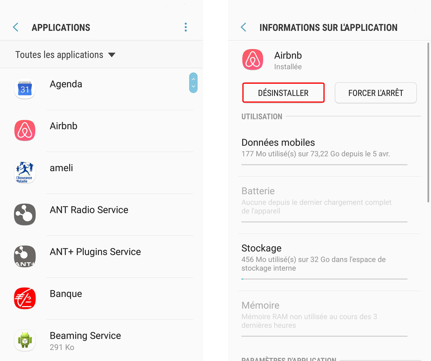 désinstaller applications android ex airbnb