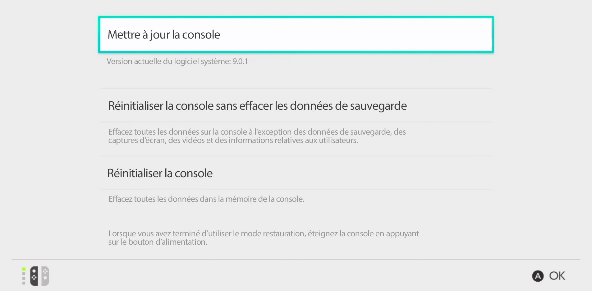 Mode restauration sur Nintendo Switch