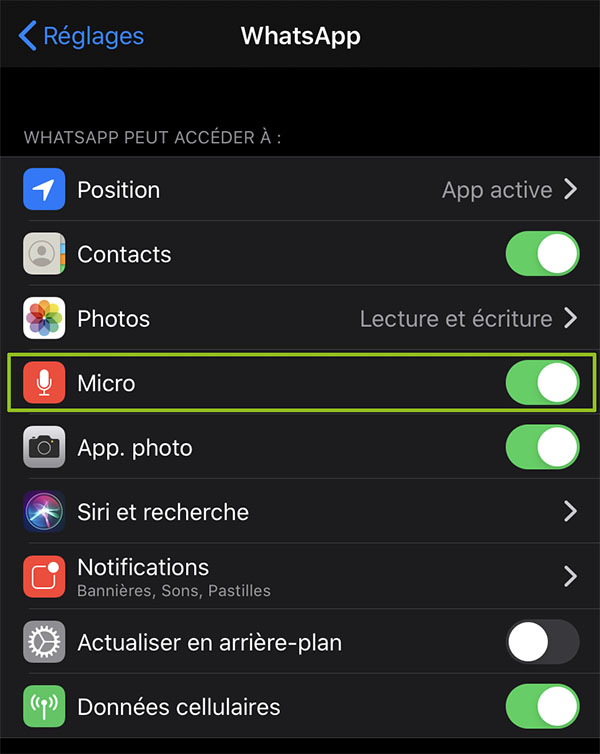 Autorisations WhatsApp iPhone