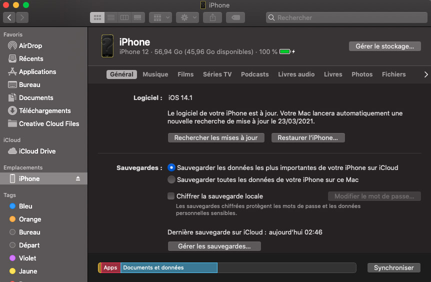 sauvegarder iPhone avec finder