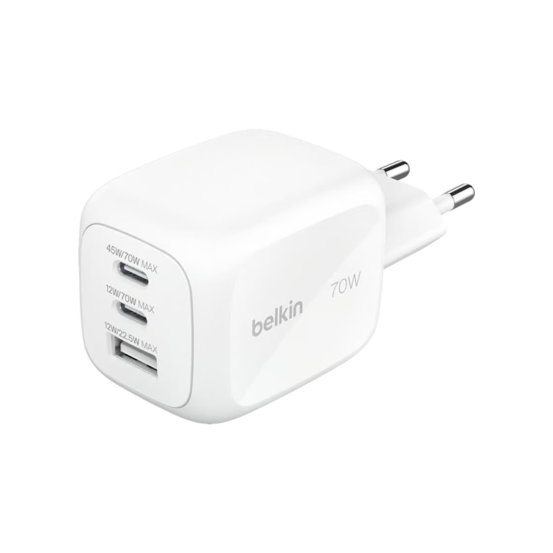Chargeur secteur Belkin GaN 3 ports 70W avec adaptateurs voyage - Blanc photo 1