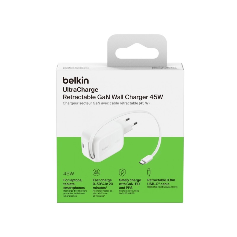 Adaptateur secteur USB-C GaN avec câble rétractable pour appareils USB-C - Belkin photo 1